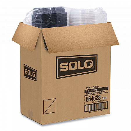 OctaView Hinged-Lid Cold Food Containers, 3 Compartments, 36 oz, 9.57 x 9.2 x 2.4, Black/Clear, Plastic, 100/Carton (864628PS94)