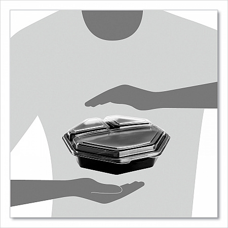 OctaView Hinged-Lid Cold Food Containers, 3 Compartments, 36 oz, 9.57 x 9.2 x 2.4, Black/Clear, Plastic, 100/Carton (864628PS94)