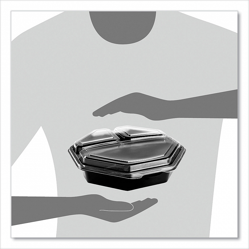 OctaView Hinged-Lid Cold Food Containers, 3 Compartments, 36 oz, 9.57 x 9.2 x 2.4, Black/Clear, Plastic, 100/Carton (864628PS94)