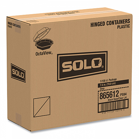 OctaView Hinged-Lid Cold Food Containers, 28 oz, 7.94 x 7.5 x 3.2, Black/Clear, Plastic, 100/Carton (865612PS94)