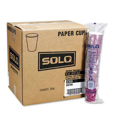Dart Solo Paper Hot Drink Cups in Bistro Design, 8 oz, Maroon, 50/Bag, 20 Bags/Carton (378SI)
