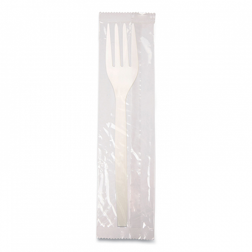 EcoSense Renewable Plant Starch Cutlery, Individually Wrapped, Mediumweight Fork, Plastic, Natural, 750/Carton (EPS072)