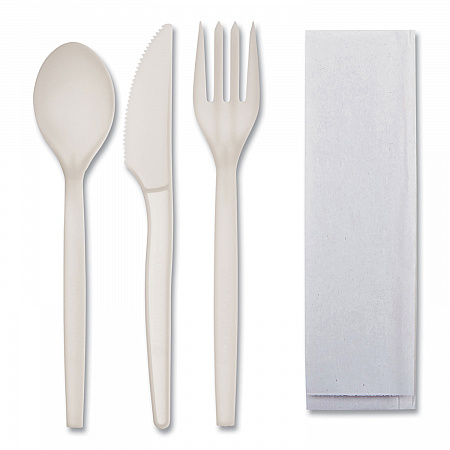 EcoSense Renewable PSM Wrapped Cutlery Kit, Fork/Knife/Napkin/Spoon, Plastic, White, 250/Carton (EPS005)
