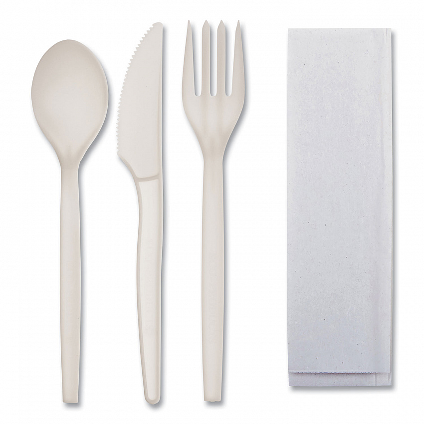 EcoSense Renewable PSM Wrapped Cutlery Kit, Fork/Knife/Napkin/Spoon, Plastic, White, 250/Carton (EPS005)