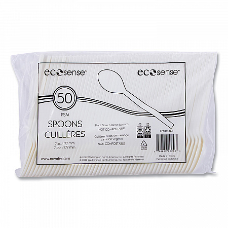 EcoSense Renewable Plant Starch Cutlery, Spoon, Plastic, Cream, 50/Pack, 20 Packs/Carton (EPS003)