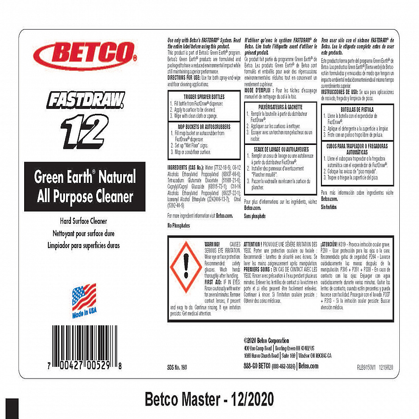 Green Earth FastDraw Natural All Purpose Cleaner, Clean Scent, 2 L Bottle, 4/Carton (1984700)