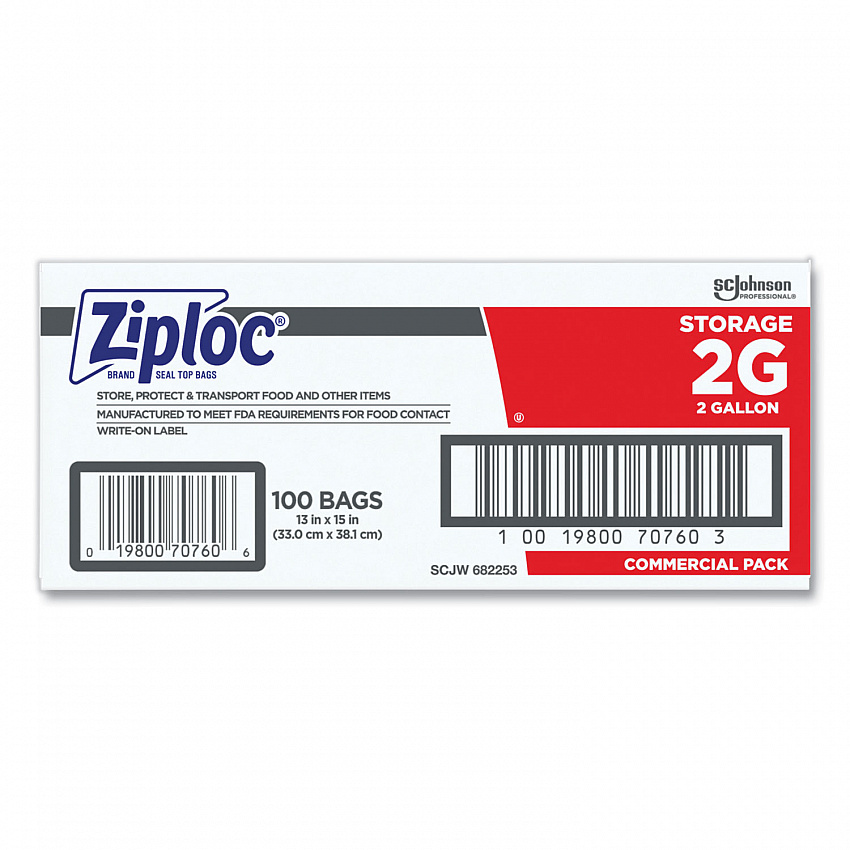 Double Zipper Storage Bags, 2 Gallon, 15" x 13", Clear, 100/Carton (682253)