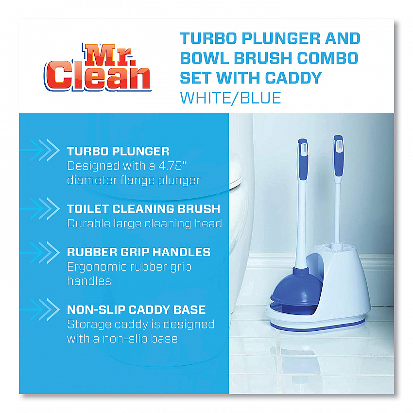 Turbo Plunger and Bowl Brush Set, 12.5" Plastic Handle, 6" dia, White (440436)
