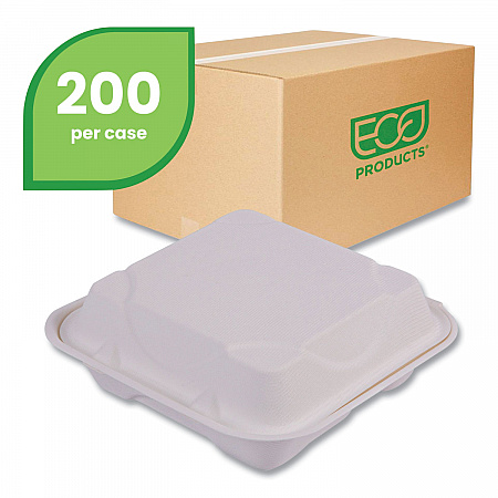 Vanguard Renewable and Compostable Sugarcane Clamshells, 3 Compartments, 8 x 8 x 3, White, 200/Carton (EPHC83NFA)