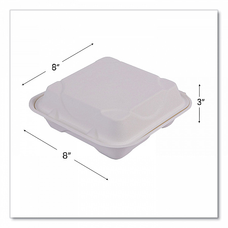 Vanguard Renewable and Compostable Sugarcane Clamshells, 3 Compartments, 8 x 8 x 3, White, 200/Carton (EPHC83NFA)