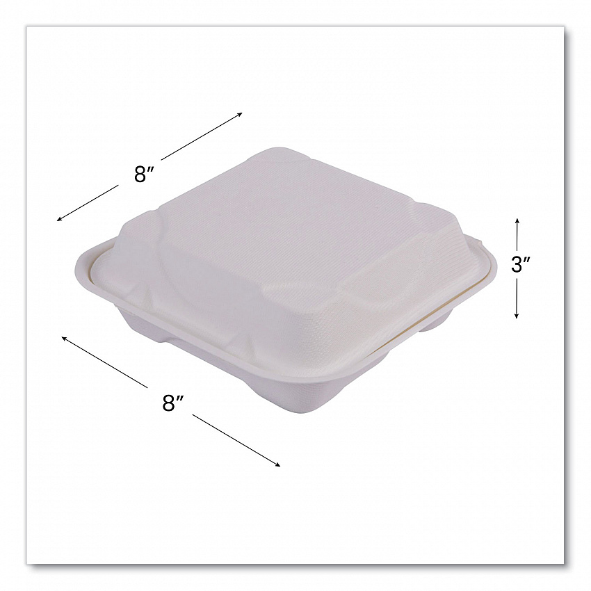 Vanguard Renewable and Compostable Sugarcane Clamshells, 3 Compartments, 8 x 8 x 3, White, 200/Carton (EPHC83NFA)