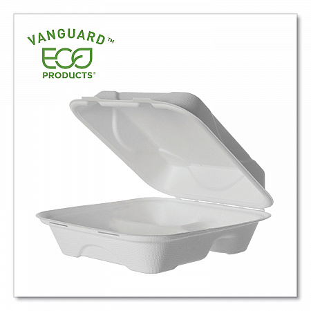 Vanguard Renewable and Compostable Sugarcane Clamshells, 3 Compartments, 8 x 8 x 3, White, 200/Carton (EPHC83NFA)