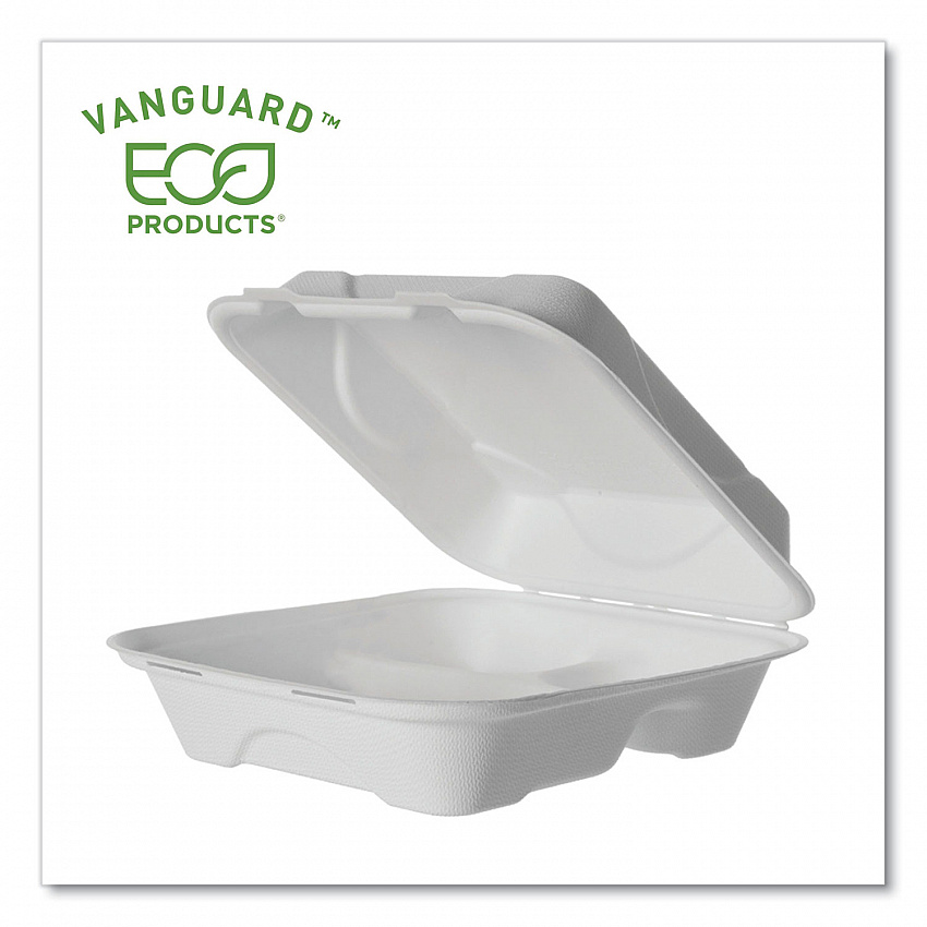 Vanguard Renewable and Compostable Sugarcane Clamshells, 3 Compartments, 8 x 8 x 3, White, 200/Carton (EPHC83NFA)