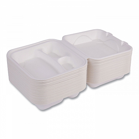 Vanguard Renewable and Compostable Sugarcane Clamshells, 3 Compartments, 8 x 8 x 3, White, 200/Carton (EPHC83NFA)