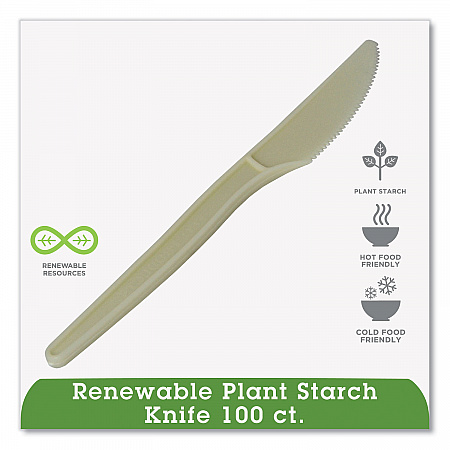 EcoSense Renewable Plant Starch Cutlery, Knife, Plastic, Cream, 50/Pack (EPS001PK)