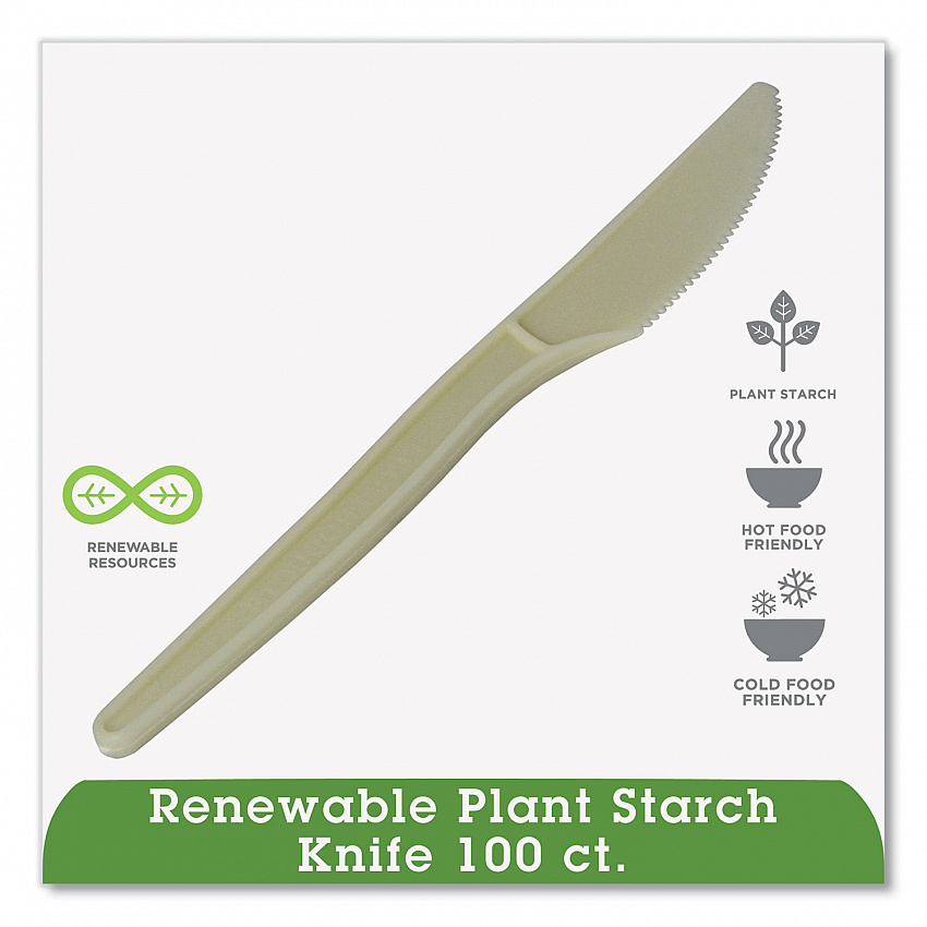 EcoSense Renewable Plant Starch Cutlery, Knife, Plastic, Cream, 50/Pack (EPS001PK)