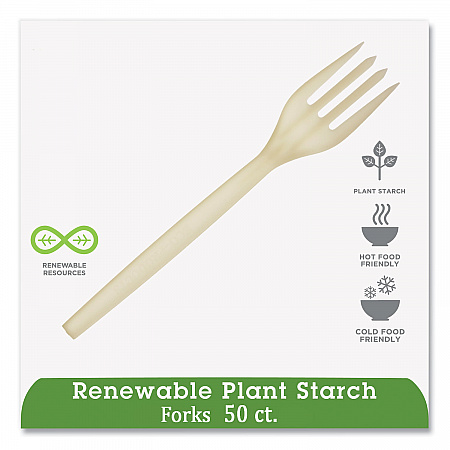 EcoSense Renewable Plant Starch Cutlery, Fork, Plastic, Cream, 50/Pack (EPS002PK)