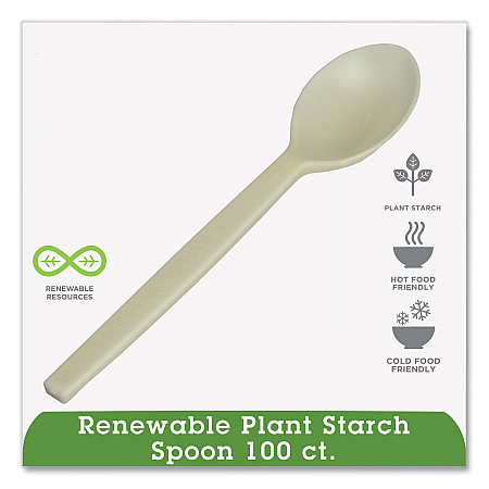 EcoSense Renewable Plant Starch Cutlery, Spoon, Plastic, Cream, 50/Pack (EPS003PK)