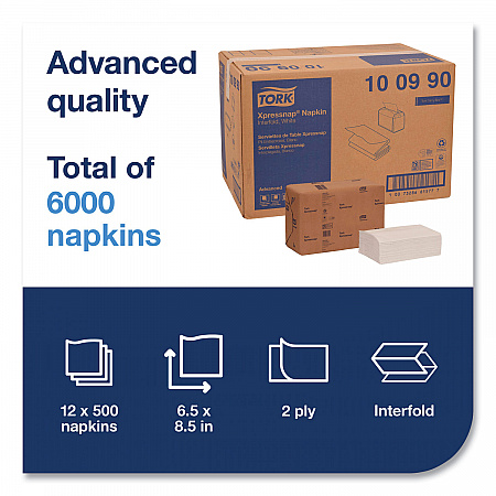 Xpressnap Interfold Dispenser Napkins, 2-Ply, 6.5 x 8.5, White, 500/Pack, 12 Packs/Carton (100990)