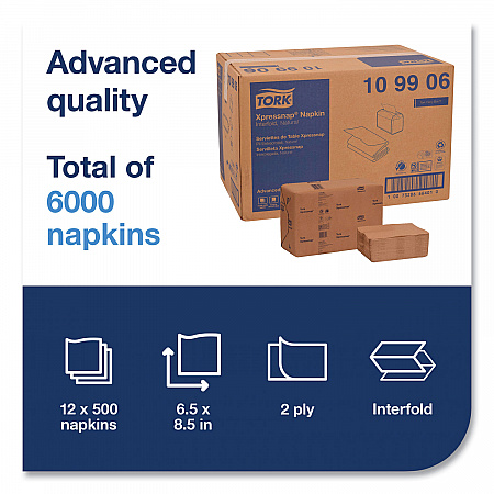 Xpressnap Interfold Dispenser Napkins, 2-Ply, 6.5 x 8.5, Natural, 500/Pack, 12 Packs/Carton (109906)