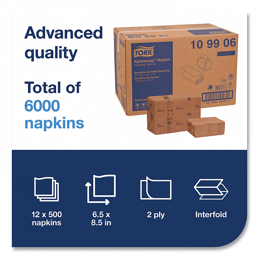 Xpressnap Interfold Dispenser Napkins, 2-Ply, 6.5 x 8.5, Natural, 500/Pack, 12 Packs/Carton (109906)