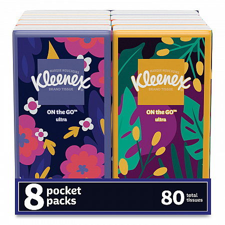 On The Go Packs Facial Tissues, 3-Ply, White, 10 Sheets/Pouch, 8 Pouches/Pack, 12 Packs/Carton (46651CT)