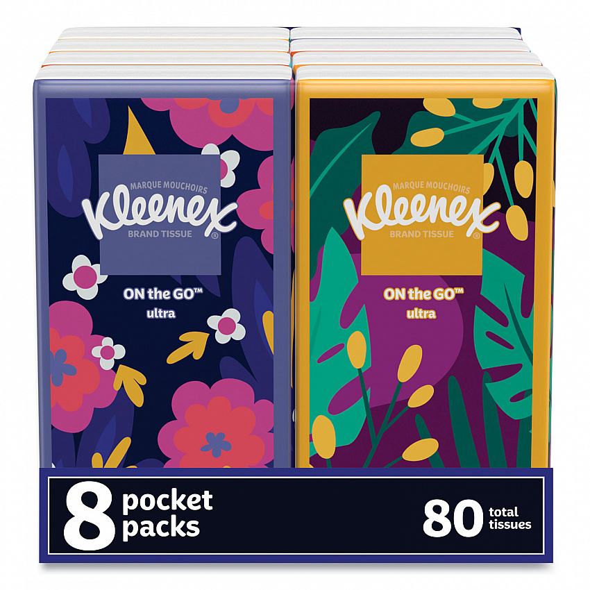 On The Go Packs Facial Tissues, 3-Ply, White, 10 Sheets/Pouch, 8 Pouches/Pack, 12 Packs/Carton (46651CT)