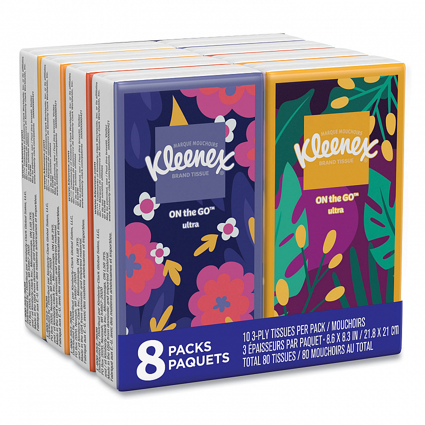 On The Go Packs Facial Tissues, 3-Ply, White, 10 Sheets/Pouch, 8 Pouches/Pack, 12 Packs/Carton (46651CT)