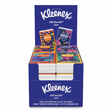On The Go Packs Facial Tissues, 3-Ply, White, 10 Sheets/Pouch, 16 Pouches/Pack,  6 Packs/Carton (54635)