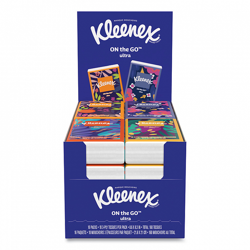 On The Go Packs Facial Tissues, 3-Ply, White, 10 Sheets/Pouch, 16 Pouches/Pack,  6 Packs/Carton (54635)
