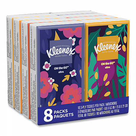 On The Go Packs Facial Tissues, 3-Ply, White, 10 Sheets/Pouch, 8 Pouches/Pack (46651PK)