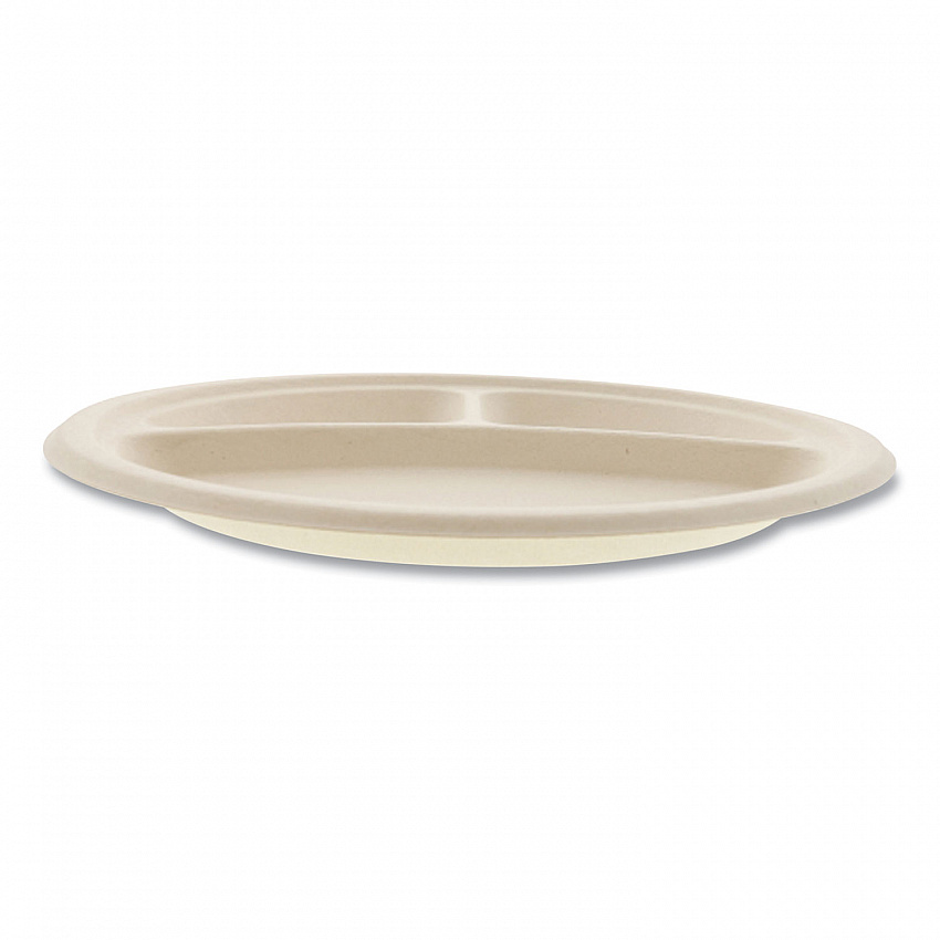 Bagasse PFAS-Free Dinnerware, 3-Compartment Plate, Sugarcane, 10" dia, Tan, 500/Carton (PLT3C10NPFA)