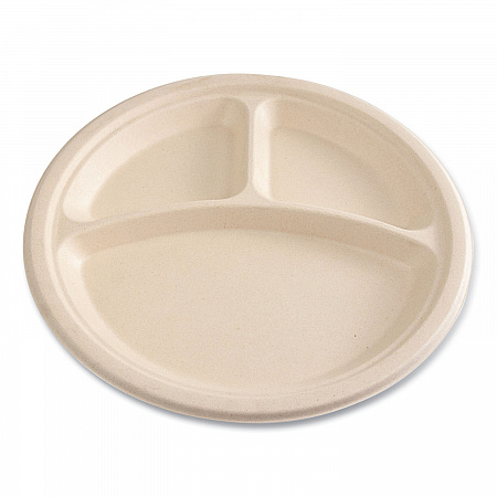 Bagasse PFAS-Free Dinnerware, 3-Compartment Plate, Sugarcane, 10