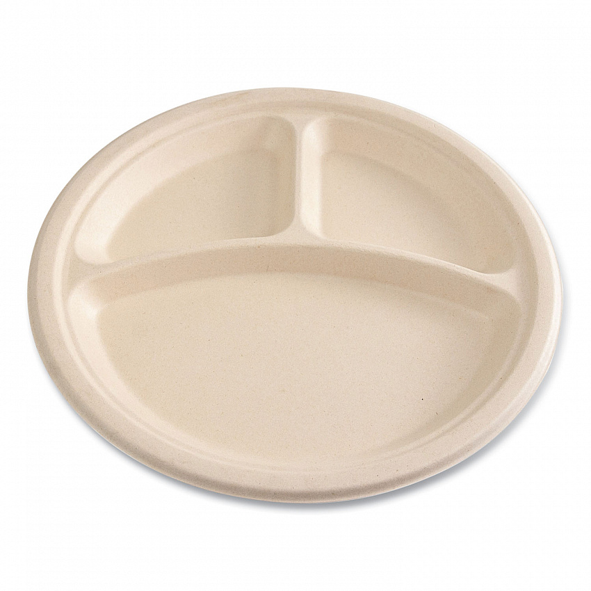Bagasse PFAS-Free Dinnerware, 3-Compartment Plate, Sugarcane, 10" dia, Tan, 500/Carton (PLT3C10NPFA)