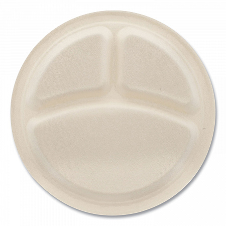 Bagasse PFAS-Free Dinnerware, 3-Compartment Plate, Sugarcane, 10