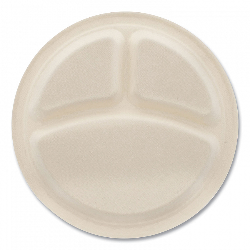 Bagasse PFAS-Free Dinnerware, 3-Compartment Plate, Sugarcane, 10" dia, Tan, 500/Carton (PLT3C10NPFA)