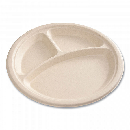 Bagasse PFAS-Free Dinnerware, 3-Compartment Plate, Sugarcane, 10