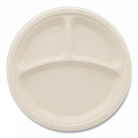 Bagasse PFAS-Free Dinnerware, 3-Compartment Plate, Sugarcane, 10