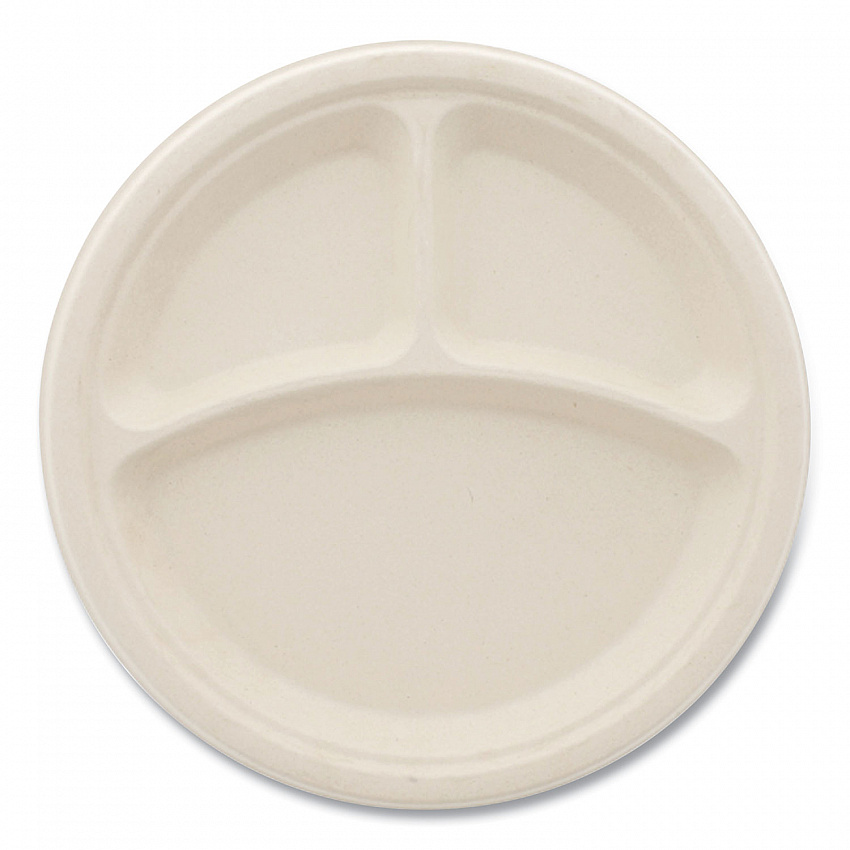 Bagasse PFAS-Free Dinnerware, 3-Compartment Plate, Sugarcane, 10" dia, Tan, 500/Carton (PLT3C10NPFA)