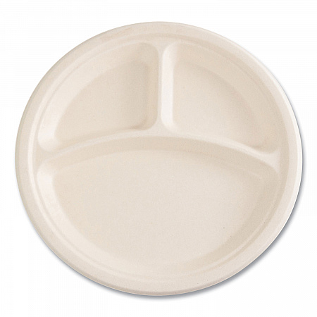 Bagasse PFAS-Free Dinnerware, 3-Compartment Plate, Sugarcane, 10