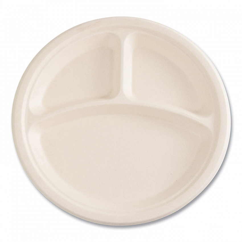 Bagasse PFAS-Free Dinnerware, 3-Compartment Plate, Sugarcane, 10" dia, Tan, 500/Carton (PLT3C10NPFA)