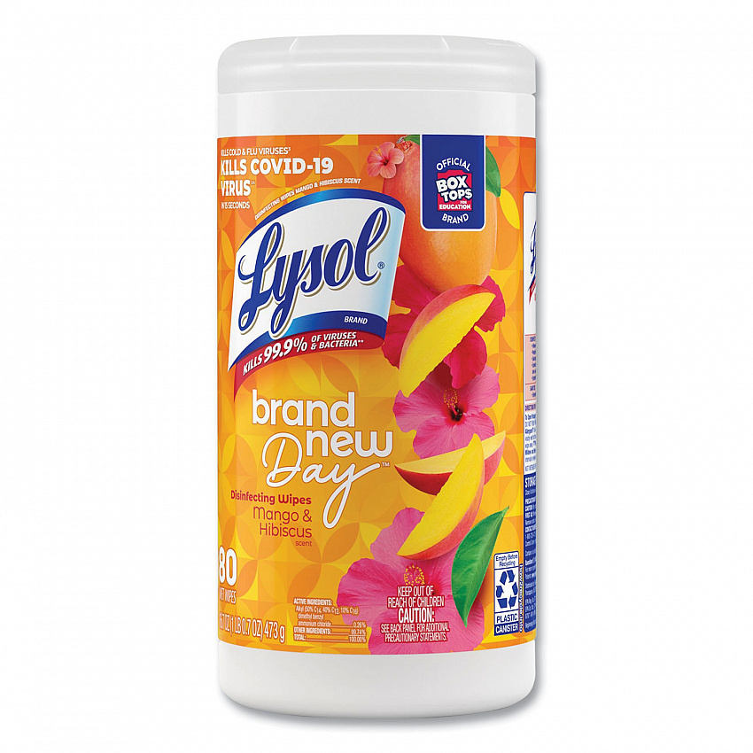 Disinfecting Wipes, 1-Ply, 7 x 7.25, Mango and Hibiscus, White, 80 Wipes/Canister (97181EA)