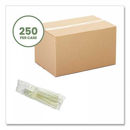 Cutlery Kits, Compostable, General Purpose, Fork/Knife/Napkin/Spoon, Plastic, White, 250/Carton (VWKFSWN)