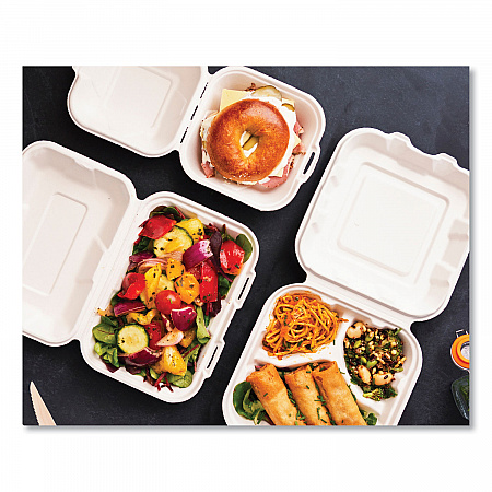 White Molded Fiber Clamshell Containers, Compostable, 3 Compartments, 7.9 x 7.9 x 2.9, White, Sugarcane, 200/Carton (WHBRG83HW)