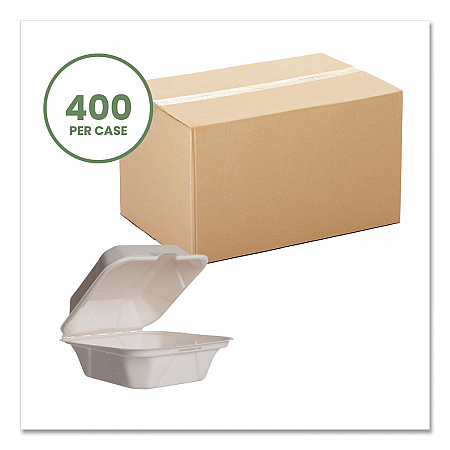 White Molded Fiber Clamshell Containers, Compostable, 5.9 x 5.9 x 2.9, White, Sugarcane, 400/Carton (WHBRG6HW)