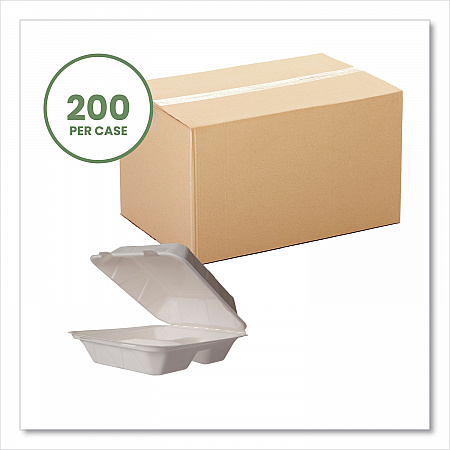 White Molded Fiber Clamshell Containers, Compostable, 3 Compartments, 7.9 x 7.9 x 2.9, White, Sugarcane, 200/Carton (WHBRG83HW)