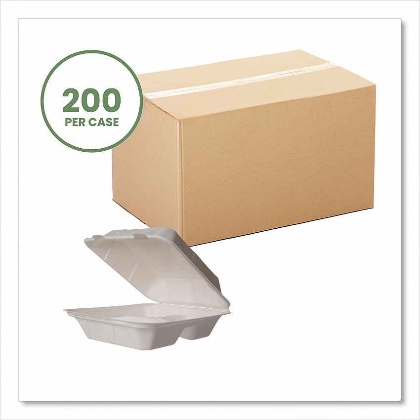 White Molded Fiber Clamshell Containers, Compostable, 3 Compartments, 7.9 x 7.9 x 2.9, White, Sugarcane, 200/Carton (WHBRG83HW)