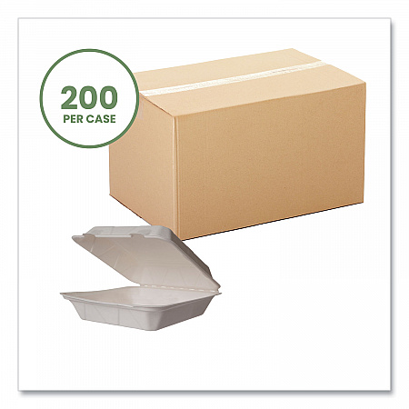 White Molded Fiber Clamshell Containers, Compostable, 9 x 9 x 3, White, Sugarcane, 200/Carton (WHBRG9HW)