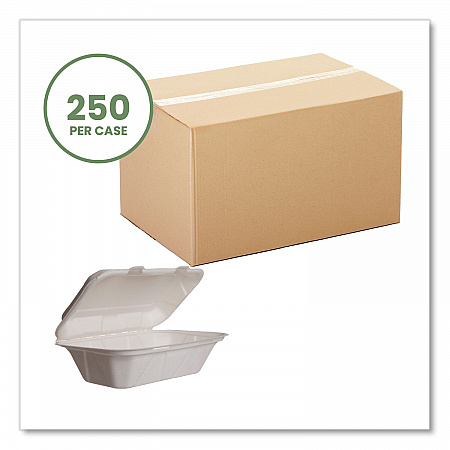 White Molded Fiber Clamshell Containers, Compostable, 9 x 11 x 2, White, Sugarcane, 250/Carton (WHBRGHOAGIE)