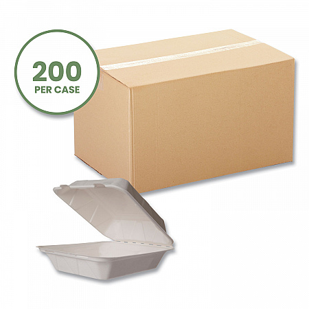 White Molded Fiber Clamshell Container, Compostable, 7.9 x 7.9 x 2.9, White, Sugarcane, 200/Carton (WHBRG8HW)